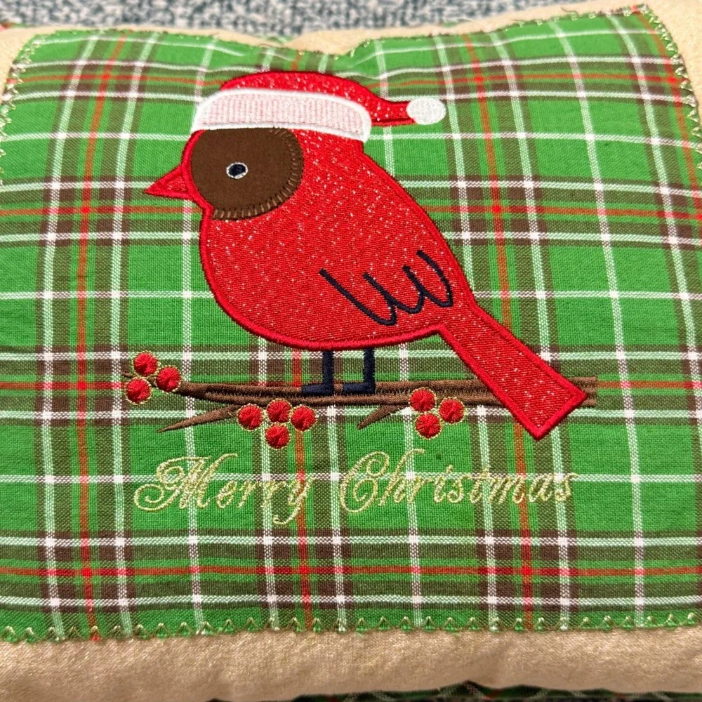 Merry Christmas Cardinal Plaid Accent Pillow Red Green Tan Holiday Decor 19x12